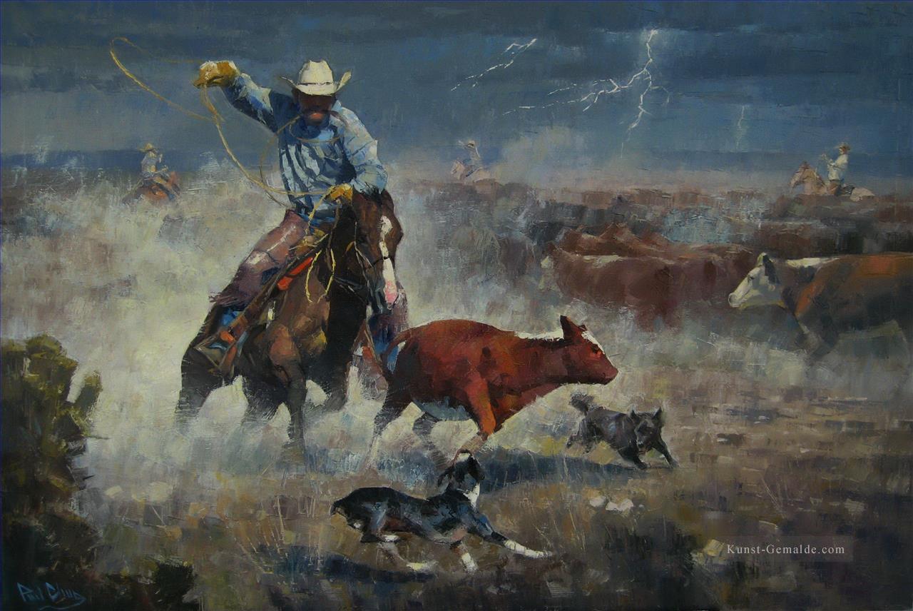 Cowboy Rinder in Sturm fangen Ölgemälde